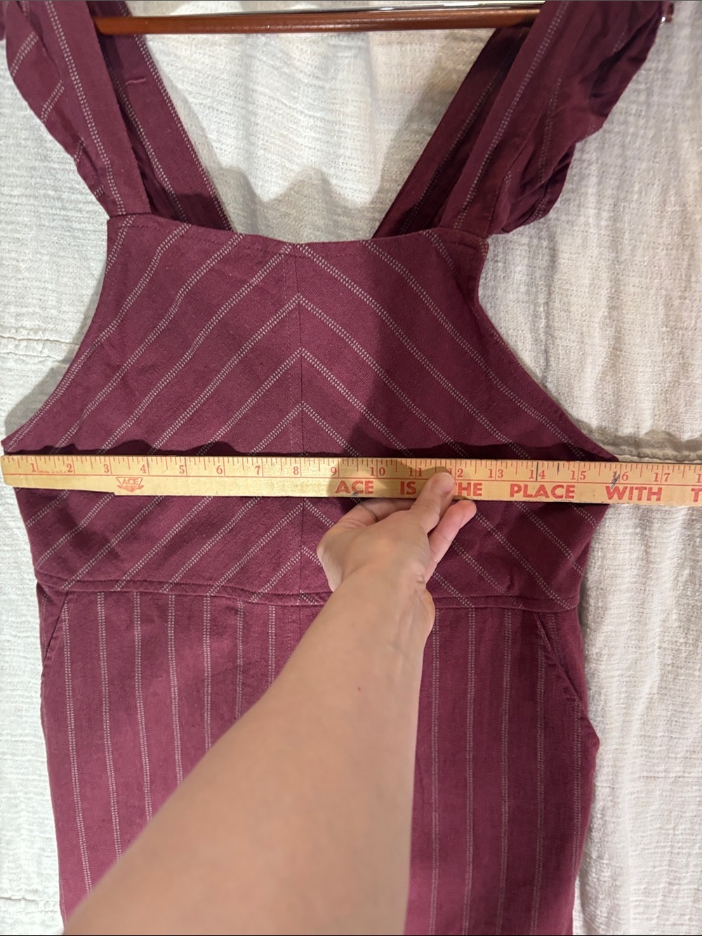 orange creek Burgundy Pinstripe Ruffle-Strap Mini Dress size Small 100% Cotton - Picture 4 of 8